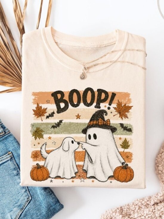 Tops - Retro Boo-p Ghost Dog T-Shirt, Funny Halloween Dog Mom Tee